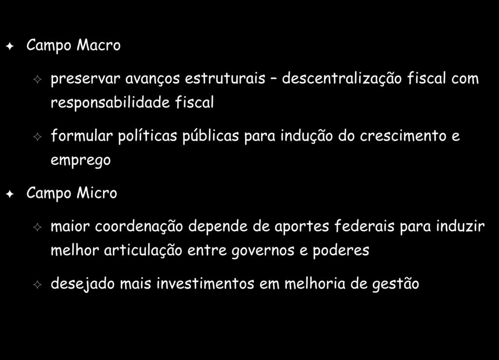 Conclusões F Campo Macro G G preservar avanços estruturais descentralização fiscal com responsabilidade fiscal formular políticas públicas para indução do crescimento e emprego F Campo Micro G G