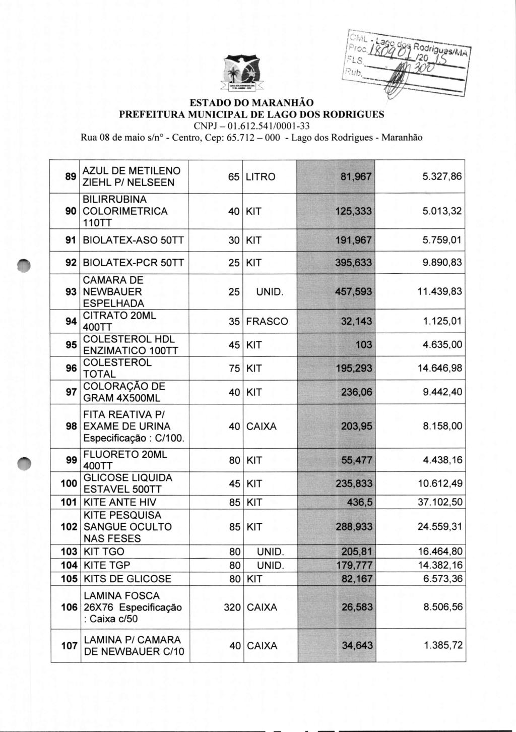 ii ESTADO DO MARANHÃO 89 AZUL DE METILENO ZIEHL PI NELSEEN BILIRRUBINA 90 COLORIMETRICA 110n 65 LITRO 5.327,86 40 KIT 5.013,32 91 BIOLA TEX-ASO 50TT 30 KIT 5.759,01 92 BIOLA TEX-PCR 50TT 25 KIT 9.