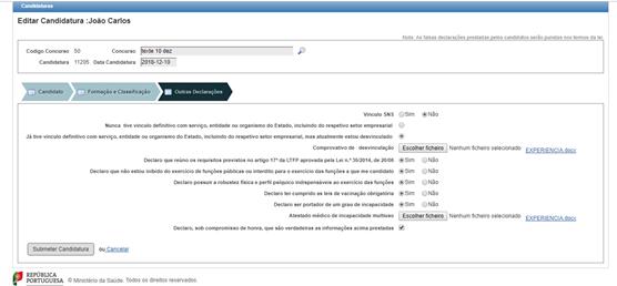 4.3. Separador Outras declarações Neste separador o candidato deverá declarar, através das opções solicitado.
