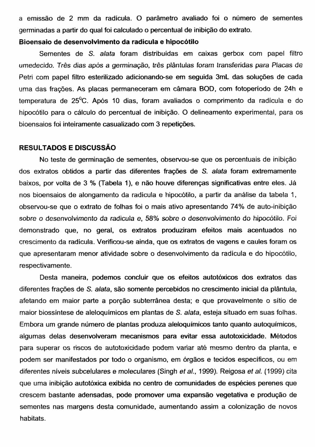 a emissão de 2 mm da radícula. O parâmetro avaliado foi o número de sementes germinadas a partir do qual foi calculado o percentual de inibição do extrato.