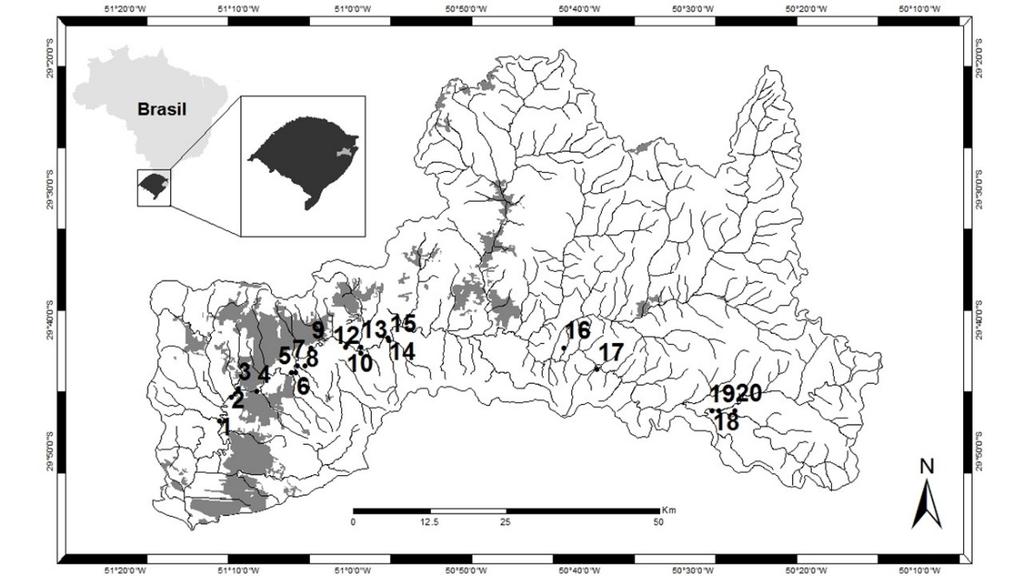 Resposta da comunidade íctica às alterações do uso do solo 826 Figura 1 - Mapa com pontos de amostragem de jusante a montante, em cinza concentração de áreas urbanas e linhas prestas drenagem do Rio