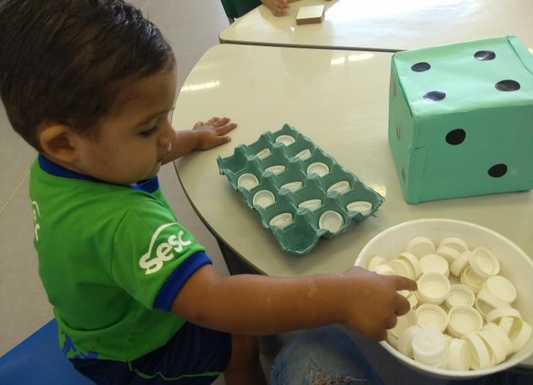 diálogo. Durante o jogo com contagens e dado, as duplas socializavam no Jogos dos ovos: ampliando conhecimento sobre outras representações numéricas. Setembro/2018.