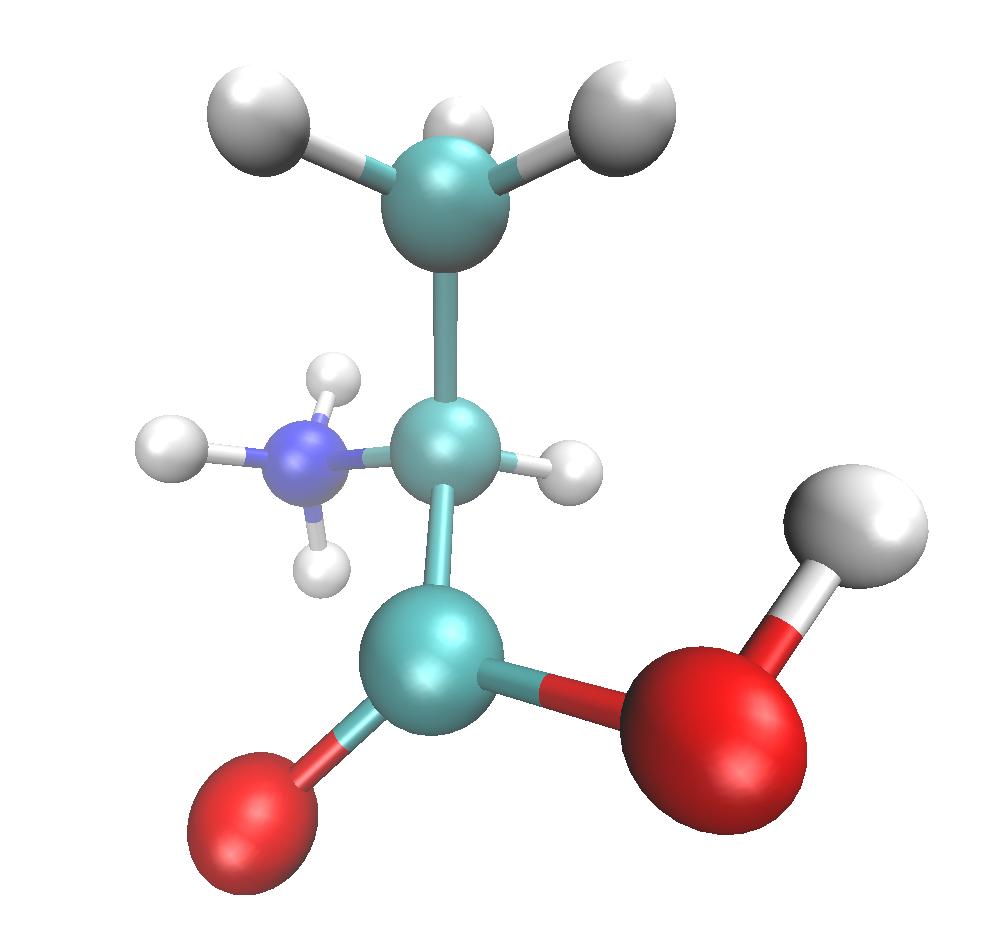 Aminoácido do tipo L. A figura foi gerada com o programa Visual Molecular Dynamics (VMD), disponível em: < http://www.ks.uiuc.edu/development/download/download.cgi?packagename=vmd>.