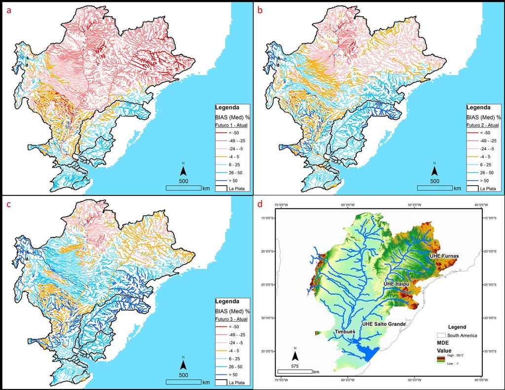 drenagem dos rios Paraná e Paraguai aumenta, os valores de vazão média do Futuro 3 também aumentam, em relação ao período atual.