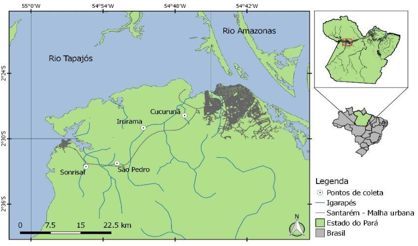 Figura 1. Distribuição dos igarapés amostrados no município de Santarém, Pará, Brasil.