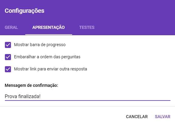 Configurações - Apresentação Mostra uma barra de progresso por páginas. Interessante para provas com várias seções.