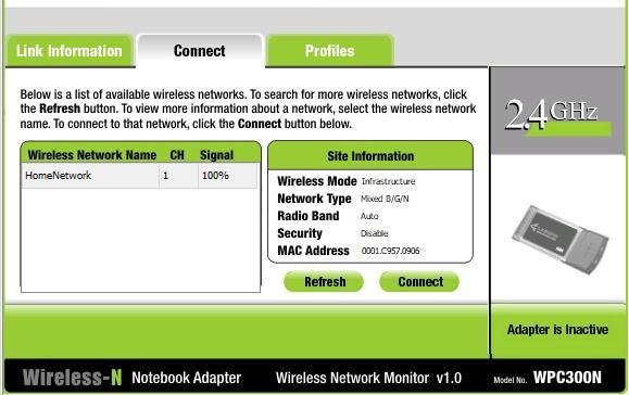 Quando as configurações do Adaptador de Notebook Wireless-N estiverem visíveis, selecione a guia Connect.