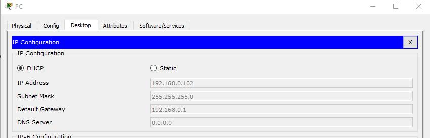 Click on the PC icon on the Packet Tracer Logical workspace and select the Desktop tab and then the IP