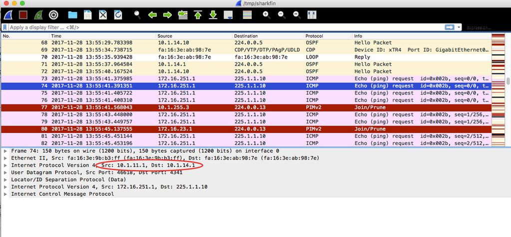 A captura de pacote de informação foi tomada na relação xtr4 g0/1. No primeiro pacote, o IP exterior SRC e o DST são 10.1.11.1 e 10.1.14.1. No segundo pacote, o IP exterior SRC e o DST são 10.1.14.1 e 10.1.13.