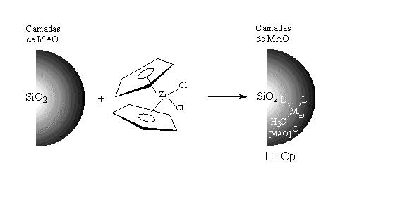 23 Esquema 4 A imobilização do metaloceno sobre sílicas modificadas com MAO ocorre através da extração de metila do MAO suportado pelo cloreto do zirconoceno, seguido de sua alquilação, formando