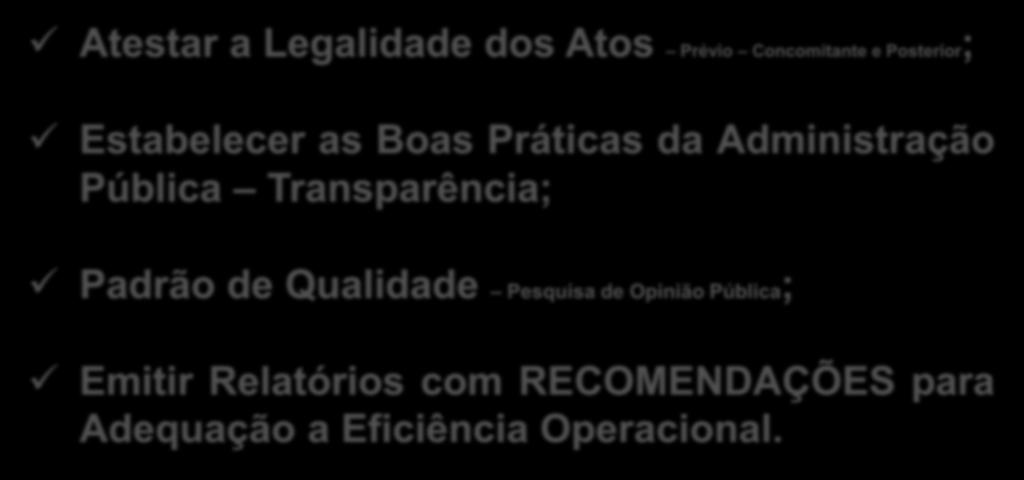 ATRIBUIÇÕES Atestar a Legalidade dos Atos Prévio Concomitante e Posterior; Estabelecer as Boas Práticas da Administração Pública