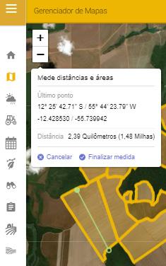 Como Criar uma Medida O FarmCommand permite que você faça medições lineares e de área de seus talhões. 1. Clique na Ferramenta de Medição ( ) no canto superior direito. Uma janela pop-up é exibida. 2.