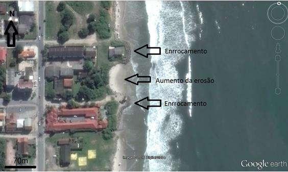 Figura 20 - Imagem do Google Earth de 2016. Nota-se erosão acentuada nos locais próximos a obras de estabilização da costa.