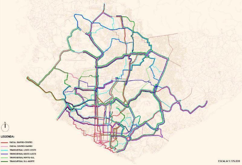 integração; diametrais que ligam dois bairros tangenciando a área central; circular, que tem um itinerário perimetral ao centro e por fim a radial, que liga a zona central da cidade.