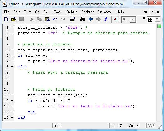 Processo usual de abertura/fecho Excerto de código fonte num script representando o processo de abertura e fecho de um ficheiro 15 Escrita em ficheiros Descrição: grava num ficheiro o conteúdo