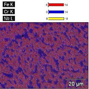 identificação dos carbonetos NbC, M7C3 e matriz. Figura 62 MEV e mapeamento químico da FFCr0%Nb M7C3 Austenita (a) MEV (b) Mapeamento químico Fonte: o próprio autor.