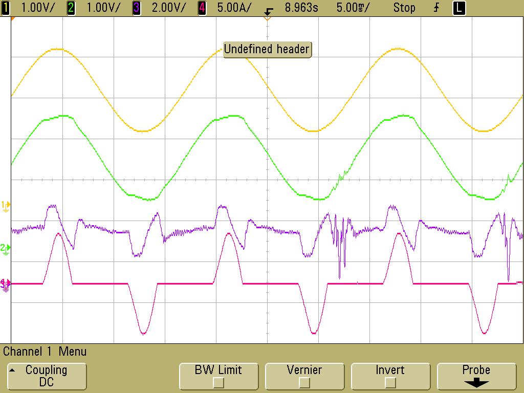 Figura 6.6 - Resultado experimental com sinais acomodados da operação do DR com carga não linear excluso função filtro ativo. De cima para baixo: REF I 5 A/div.