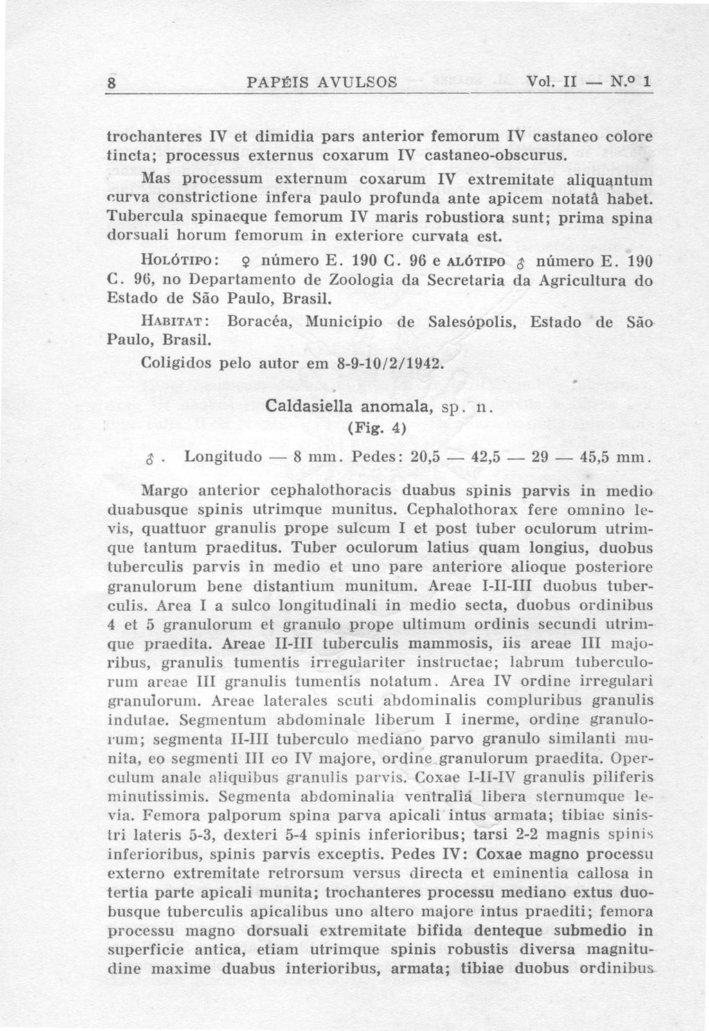 8 PAPÉIS AVULSOS Vol. II-N. 0 1 trochanteres IV et dimidia pars anterior femorum IV castaneo colore tineta ; processus externus coxarum IV castaneo-obscurus.