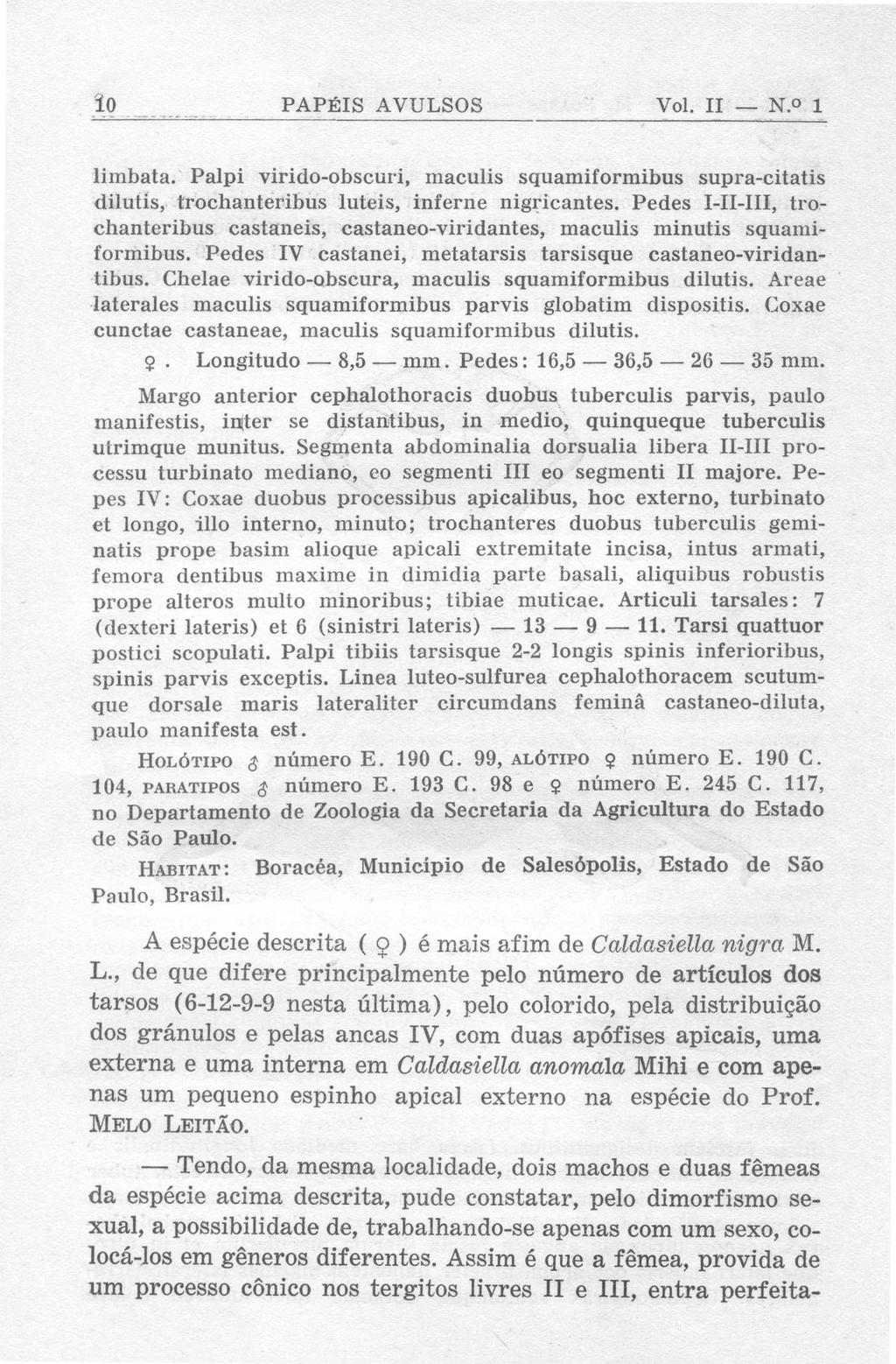 PAPÉIS AVULSOS Vol. II N. o 1 limbata. Palpi virido-obscuri, maculis squamiformibus supra-citatis dilutis, trochanteribus luteis, inferne nigricantes.