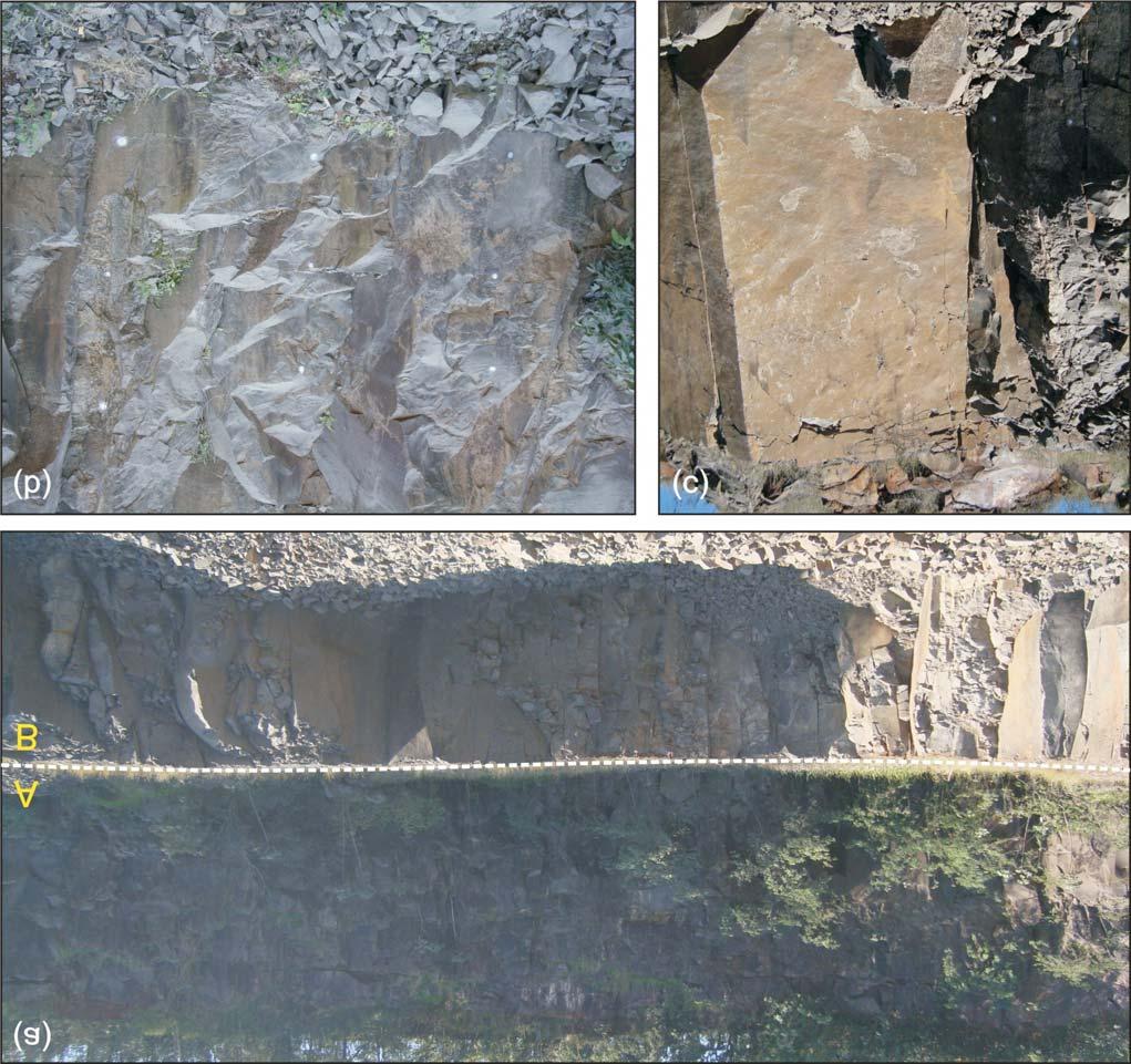 neste horizonte. Figura 4 Fotografias do nível maciço central do derrame Salto do Lontra.