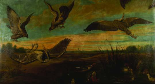 732 "PAISAGEM COM PATOS, AVES E LAGO" óleo sobre tela, escola inglesa, séc. XIX, restauros Dim. - 109 x 200 cm 1.250-1.