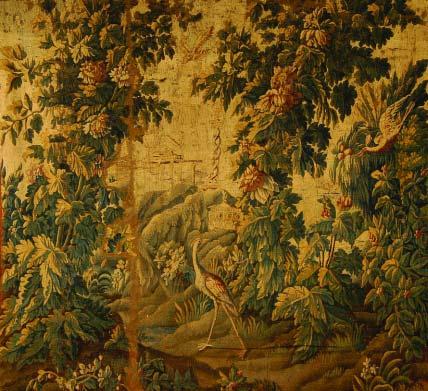 739 "PAISAGEM COM AVES" tapeçaria de Aubusson em fio de lã, francesa, séc. XVIII, restauros e defeitos Dim. - 235 x 253 cm 3.000-4.
