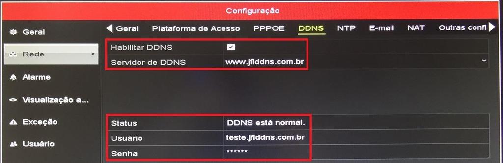 - A tela abaixo será exibida. - Marca a caixa DDNS para habilitar o uso da função DDNS no DVR. - Selecione o servidor de DDNS da JFL (www.jflddns.com.br).