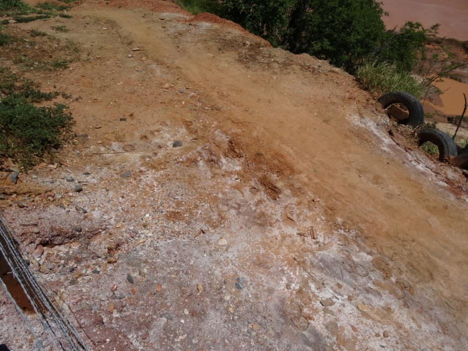 (sólido branco) ficaram aparentes na superfície do solo, o qual se apresenta sem vegetação por onde o efluente percolou.