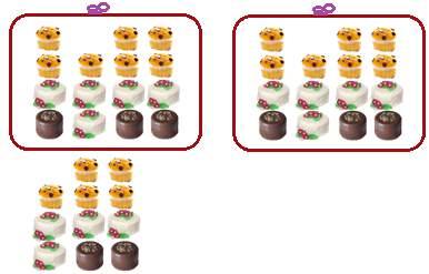 Hugo Pereira de Almeida 31 Figura 15: 2 pacotes com 3 bolos de chocolate, 5 bolos de baunilha e 7 bolos de laranja; sobra 1 conjunto com 2 bolos de chocolate, 4 bolos de baunilha e 5 bolos de laranja.