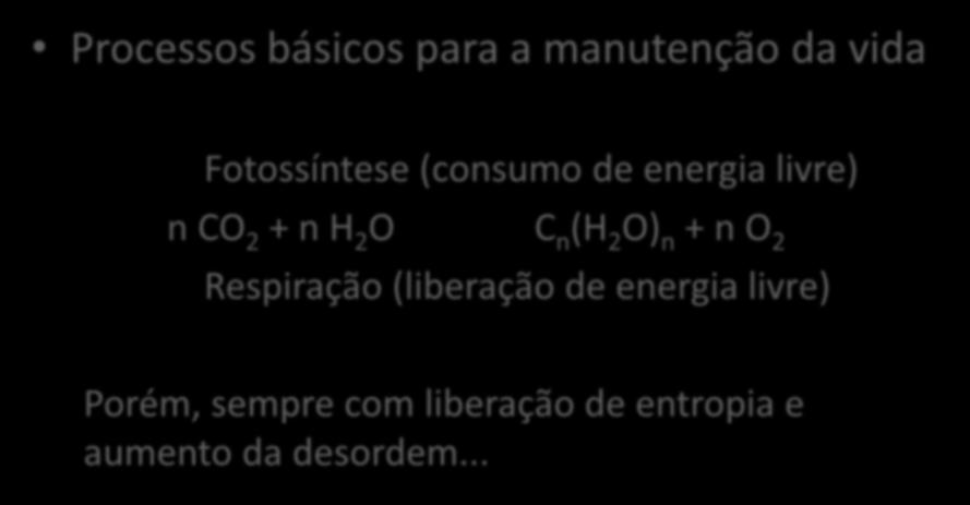 Exemplo Processos básicos para a manutenção da vida Fotossíntese (consumo de energia livre) n CO 2 + n H 2 O C n (H 2