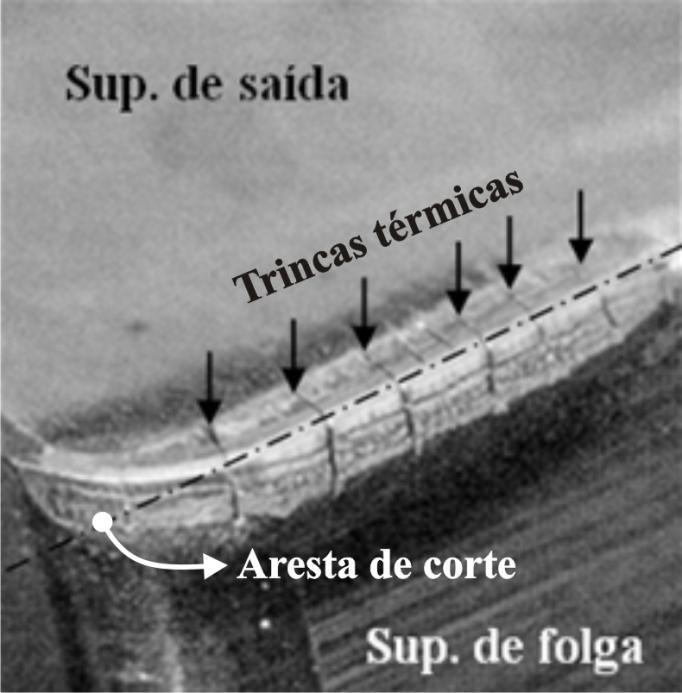 Cap. 2 Revisão Bibliográfica Figura 9 - Trincas térmicas em um inserto de metal duro. Fonte: Metals Handbook, 1989.