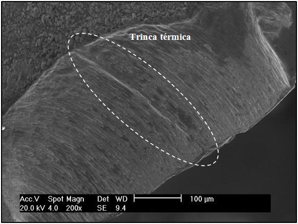 Observou-se também a presença de um desgaste significativo na quina do inserto, na região de encontro da aresta alisadora com a aresta principal de corte, assemelhando-se a uma cratera (ver detalhe