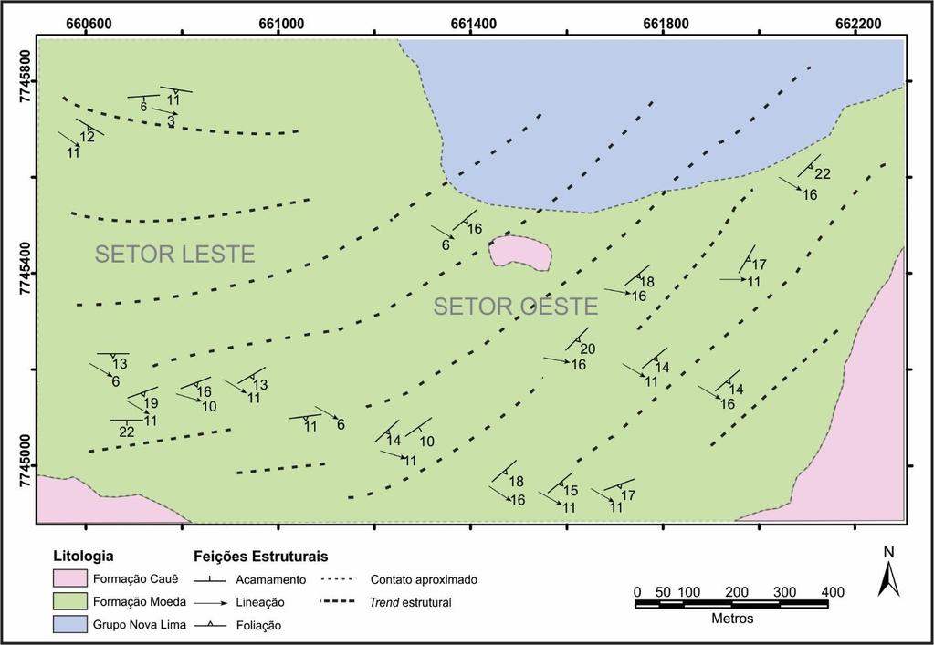 Lage, A.M.C., 2017 Cartografia e Análise Estrutural dos quartzitos da Formação Moeda (Grupo Caraça... Figura 10 - Mapa estrutural da área estudada dividido em setores estruturais.