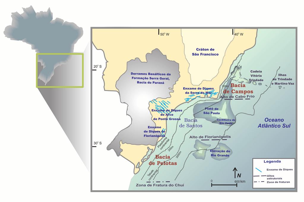 Figura 1 Localização das bacias de Campos e de Pelotas. No mapa desta- Figure 1 Location of the Campos and Pelotas basins.