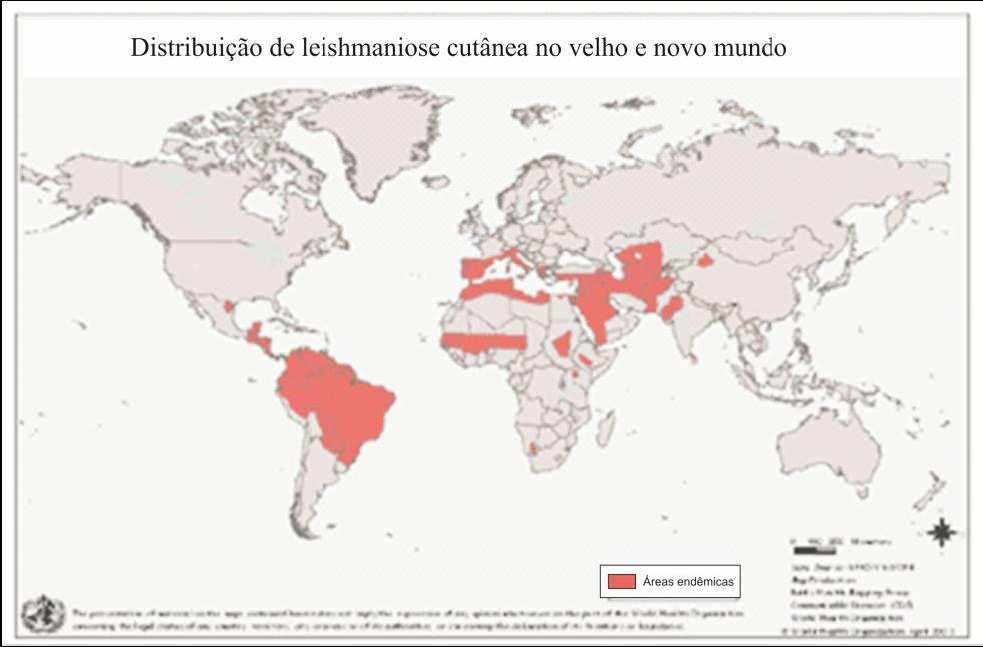 Figura 1: Distribuição mundial da forma tegumentar de leishmaniose. As áreas em vermelho sinalizam zonas endêmicas.