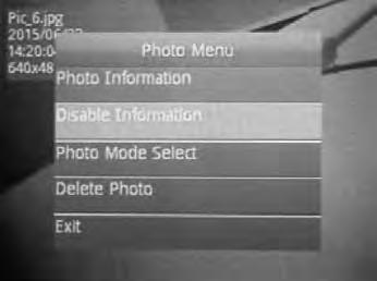 Designação Photo Information Disable Information Photomode Select Delete Photo Exit Significado Exibe informações detalhadas sobre a