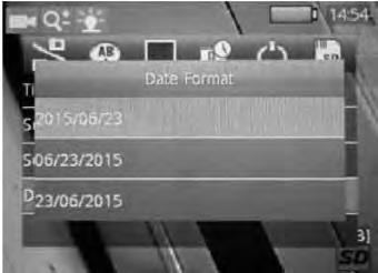 É exibido o sub-menu Set Time. 3. Selecionar Date Format com o botão para baixo e confirmar a seleção com o botão do menu (14). Aparece o sub-menu Date Format. 4.