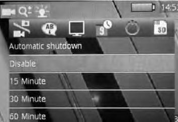 Ajustar o desligamento automático 2. Pressionar os botões esquerda (16) ou direita (12), até aparecer o menu Automatic shutdown. Formatar o cartão SD 1.