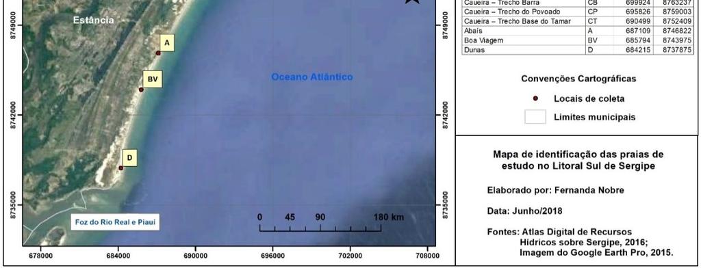 Caracterização das praias de coleta no litoral sul de Sergipe. CB CP CT A BV D 11 11.173'S 37 10.380'W 11 12.897'S 37 12.117'W 11 16.516'S 37 15.122'W 11 19.432'S 37 16.859'W 11 21.510'S 37 17.