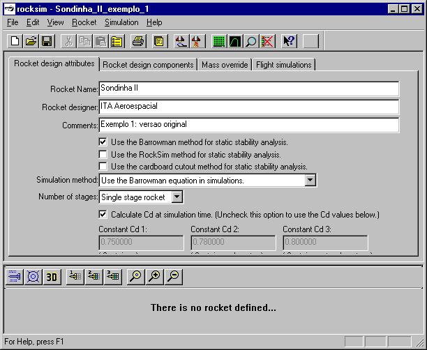 2) Definir os dados do item Rocket design attributes do menu principal, de acordo com os dados mostrados na Figura 2. Figura 2. Rocket design attributes do exemplo 1.