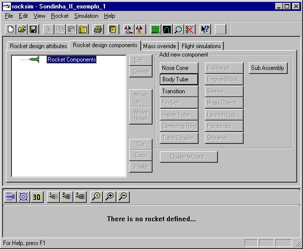 5) Para definir as partes que constituem o minifoguete, clicar sobre o item Rocket design componentes ; o resultado deve ser o mostrado na Figura 4. Figura 4. Janela principal do item Rocket design components.