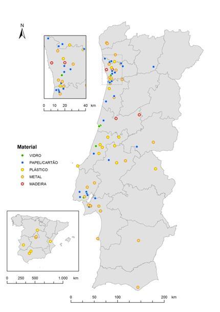 Figura 5. Distribuição geográfica das unidades fabris e locais de descarga dos diversos Retomadores 4.3. Retomas 4.3.1 Retomas por Material Em 2013 a SPV contabilizou 382.