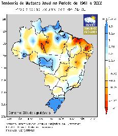 Figura 2: Tendências de mudanças mensais da precipitação sobre o Brasil no período 1961-2008.