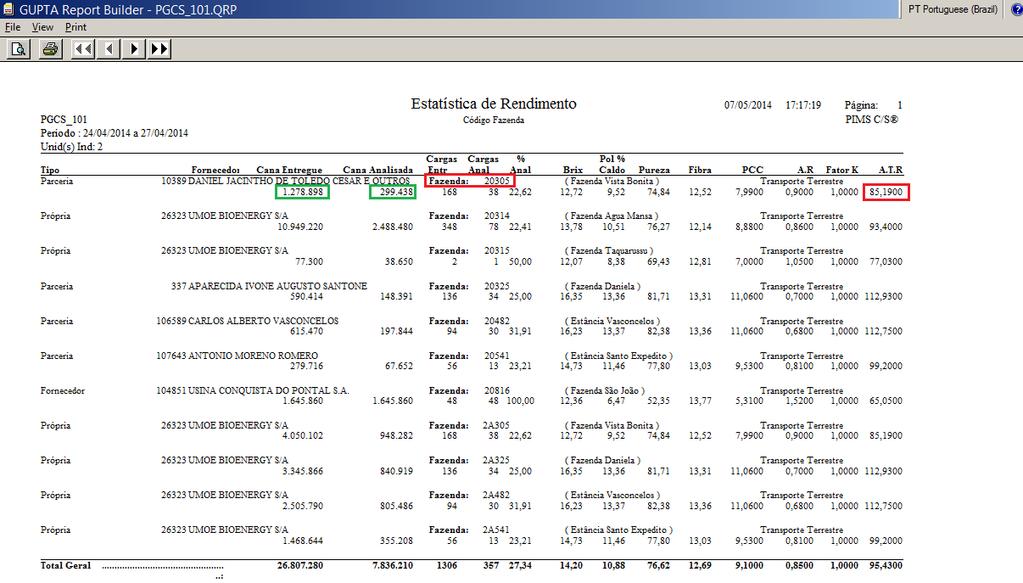Figura 8 Relatório de Estatística de Rendimento - Acumulado (PGCS_101) do módulo PGFO_REL VALE LEMBRAR QUE ESSES DOIS CASOS APRESENTADOS SÃO
