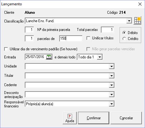 Figura 6 Tela de inclusão de lançamento 8. Contexto de contas a receber No contexto de contas a receber são apresentados todos os títulos que a instituição tem a receber. 1.