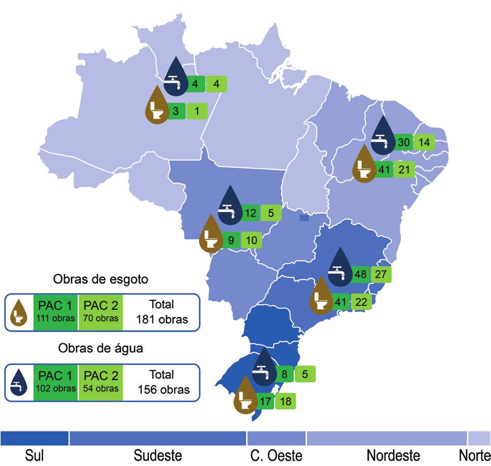 ESGOTO Distribuição das obras por fase do PAC e tempo de acompanhamento Tempo de Acompanhamento 7 6 5 4 3 2 1 Anos PAC 1 89 16 4 0 1 1 0 111 PAC 2 0 0 21 0 14 34 3 72 Total 89 16 25 0 15 35 3 183