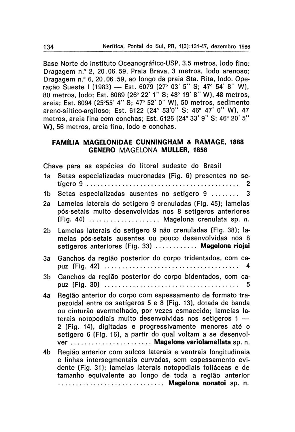 134 Nerítica, Pontal do Sul, PR, 1(3):131-47, dezembro 1986 Base Norte do Instituto Oceanográfico-USP, 3,5 metros, lodo fino: Dragagem n. 2, 20.06.59, Praia Brava, 3 metros, lodo arenoso: Dragagem n.