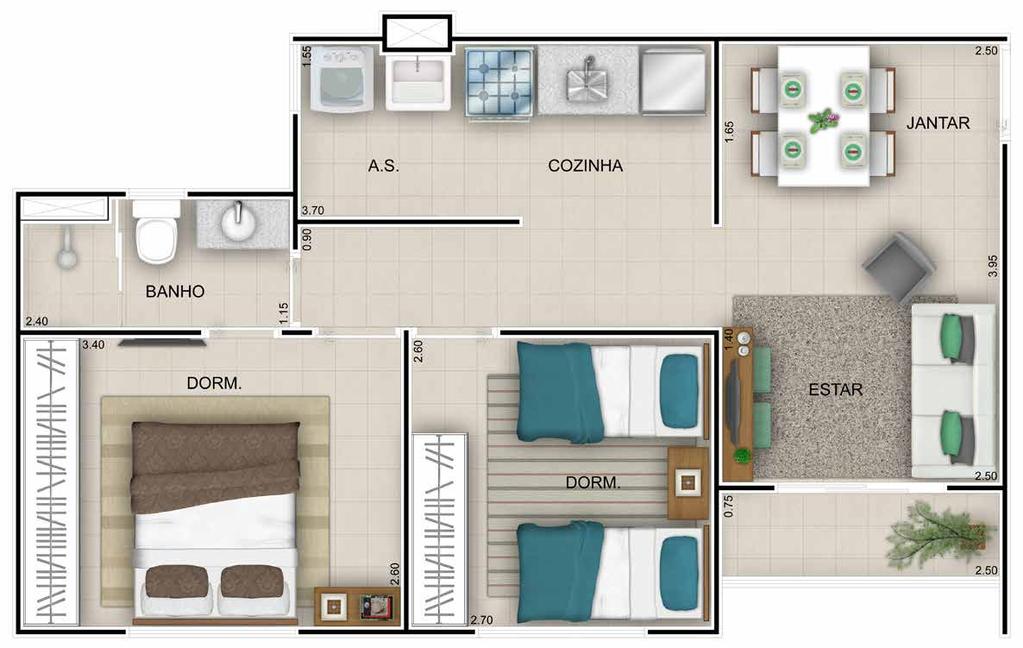 Perspectiva artística da planta tipo com 44m 2.