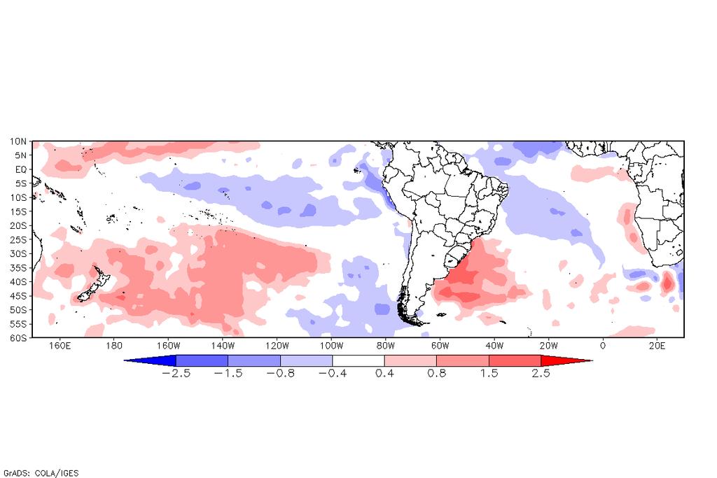 No oceano Atlântico Subtropical as variações de TSM ficaram próximas do padrão normal, apenas