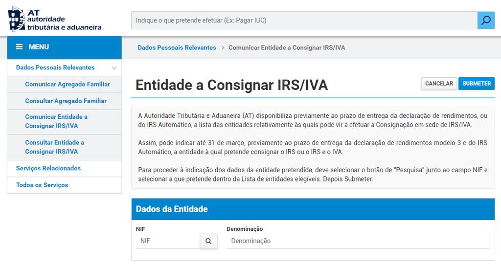 06 COMUNICAR ENTIDADE A CONSIGNAR IRS/IVA DE SEGUIDA PODERÁ COMUNICAR A
